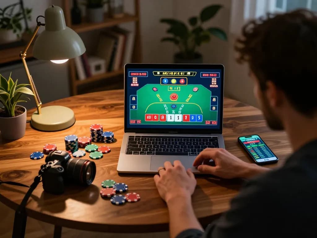 Engaged player strategizing on trang chủ 5679 while playing online blackjack at home.