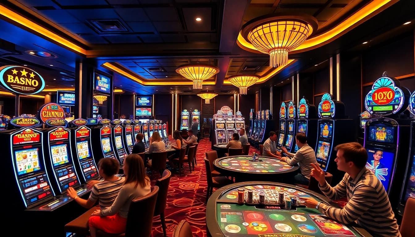 Spiele online casino spielen in einem eleganten Spielsaal mit fröhlichen Spielern.