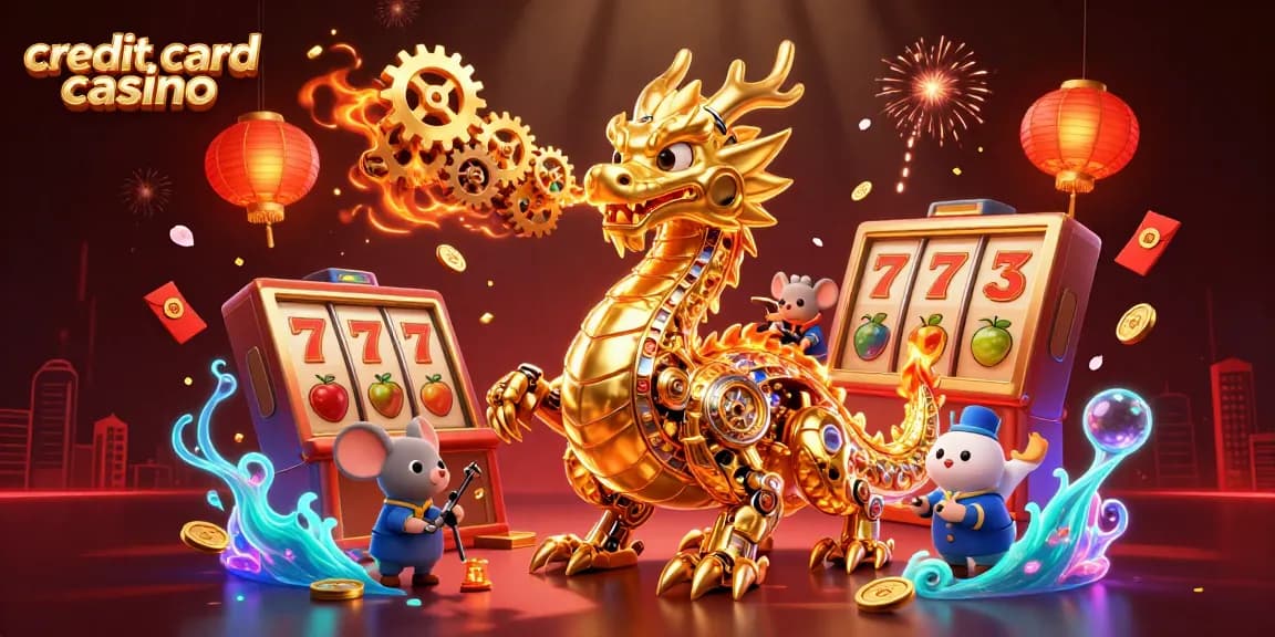 Spin to win big at this vibrant credit card casino scene filled with golden dragons and slot games.