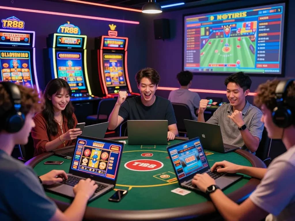 Exciting TR88 online gaming scene with players celebrating big wins and engaging in casino games.