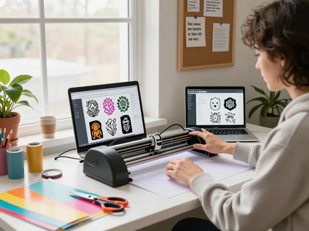 Engaging artist workspace featuring various SVG files and tumbler designs on a crafting desk.