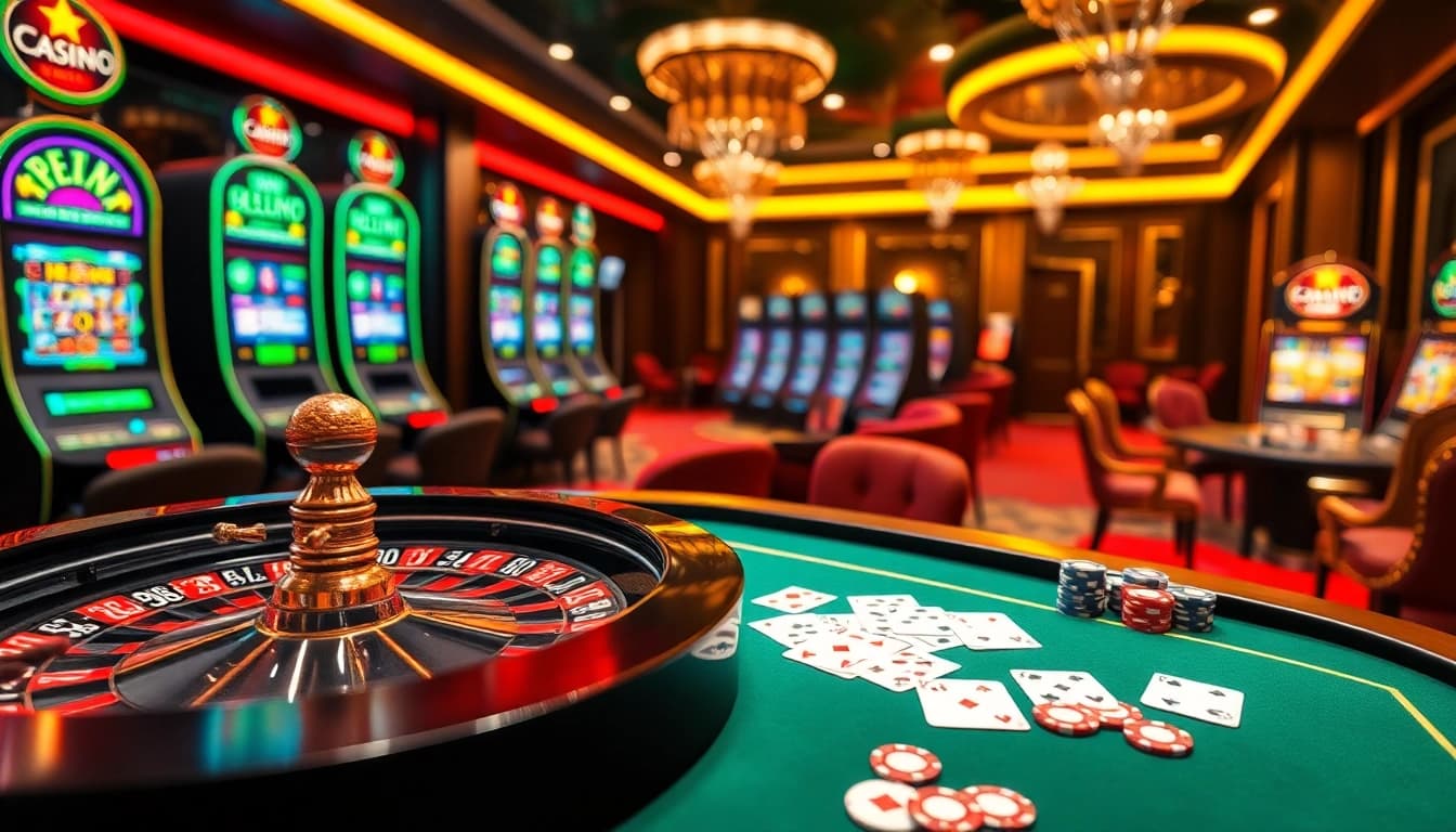 Action-packed gambling scene featuring luongsontv branding with poker chips and a roulette wheel.