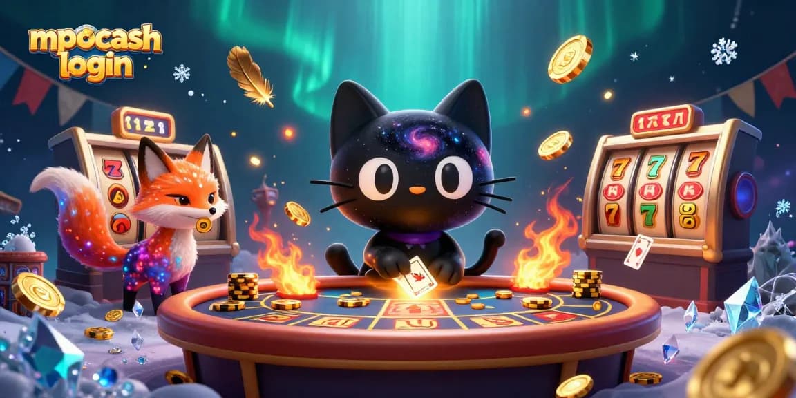 Play your luck with Mpocash login at this vibrant cosmic casino scene featuring stunning characters and elements.