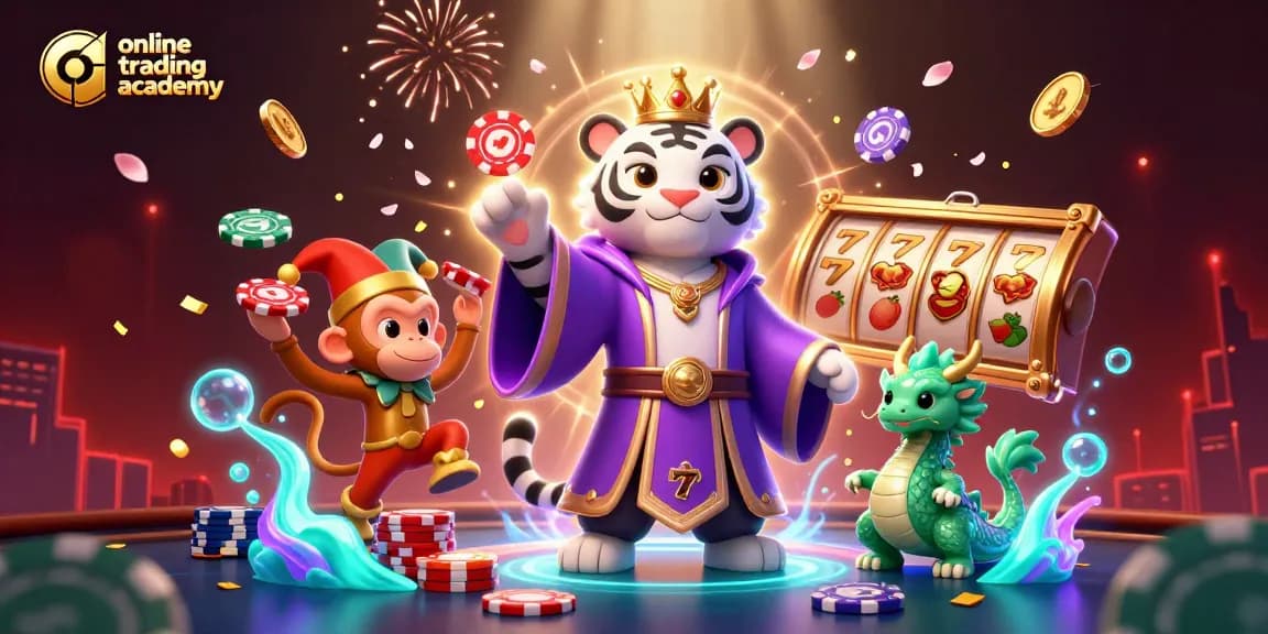 Engage with the online trading academy scene showcasing joy with poker chips and festive elements.