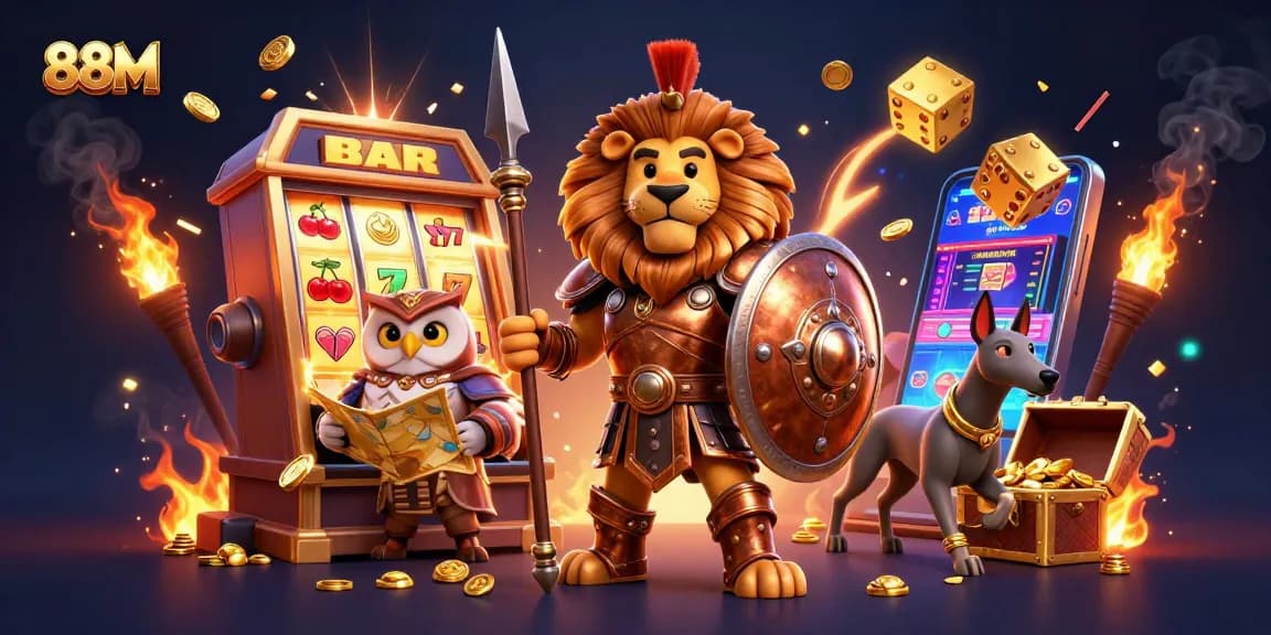 Experience thrilling jackpots with 88M casino's dynamic gaming adventure, including vibrant slot machines and gold coins.