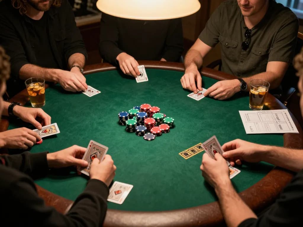 RR88 players engaging in a friendly poker game at home, showcasing a strategic gameplay atmosphere.