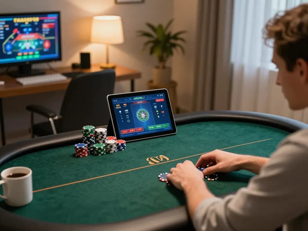 Engaged player strategizing in a tr88 online poker game while managing chips and a tablet