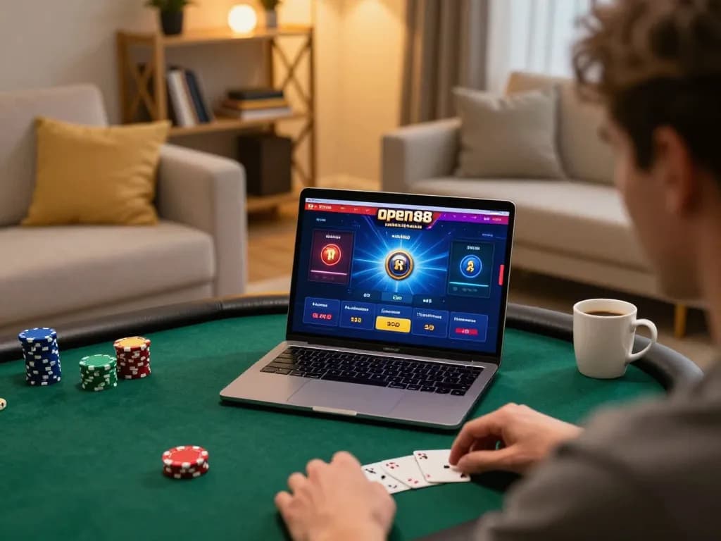 Engaging online poker session with open88 nhà cái interface in a cozy home environment