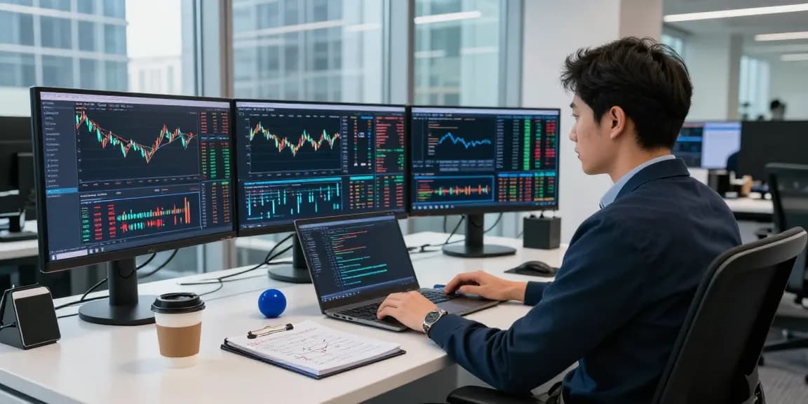 Live trading setup showcasing Nasdaq stock data feed on multiple monitors in a modern financial office.