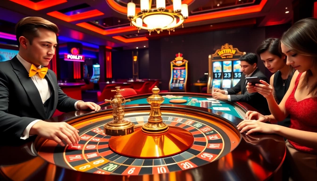 Players bet confidently in an exciting casino scene, highlighting 5z7776 com.