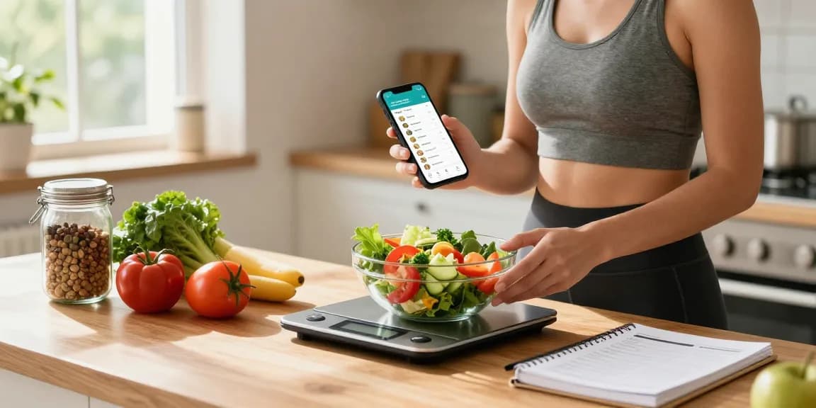 Discover the best AI calorie tracker in a vibrant kitchen scene with meal prep and tech integration.