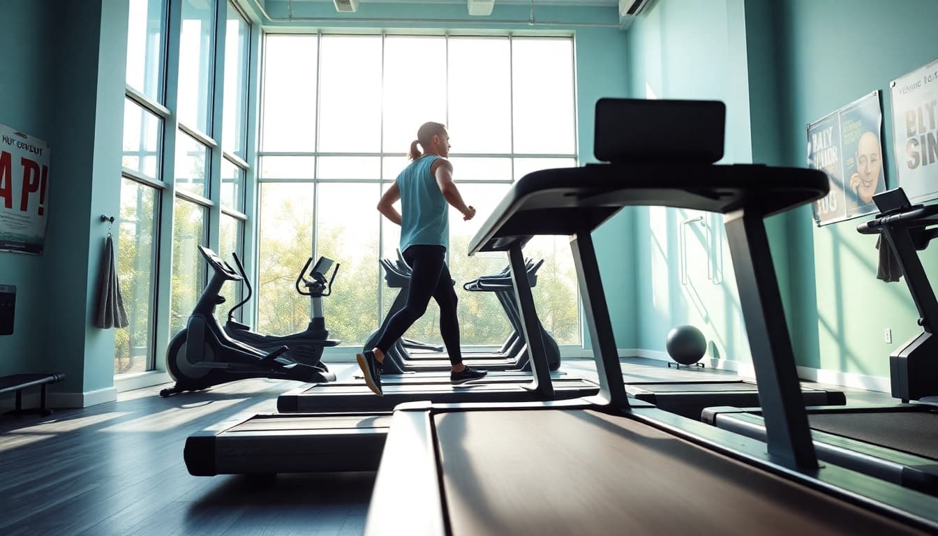 Dynamic workout on a Ciapo Treadmill in a vibrant fitness studio.