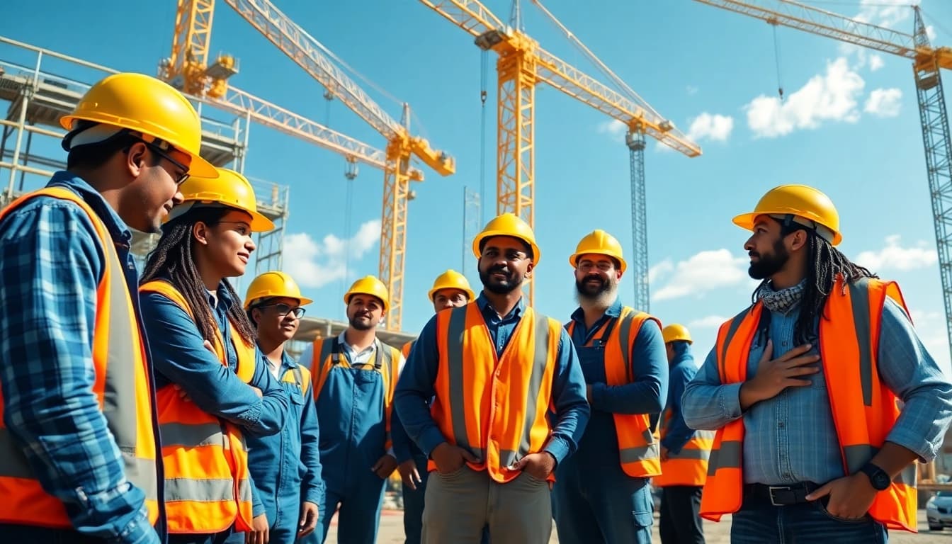 Collaborative workers at a construction site representing a construction association north carolina.
