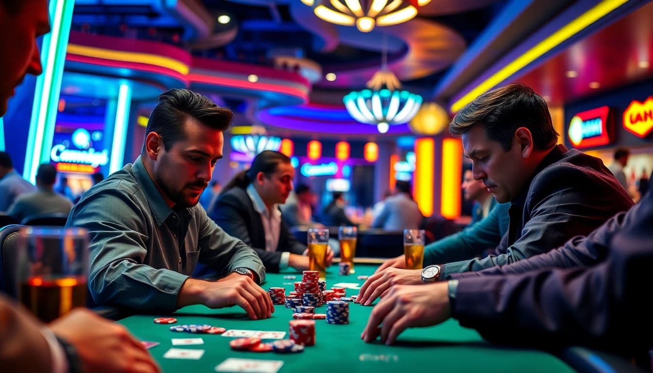 Menggambarkan pemain yang terlibat dalam Domino88 poker game dengan suasana kasino yang meriah