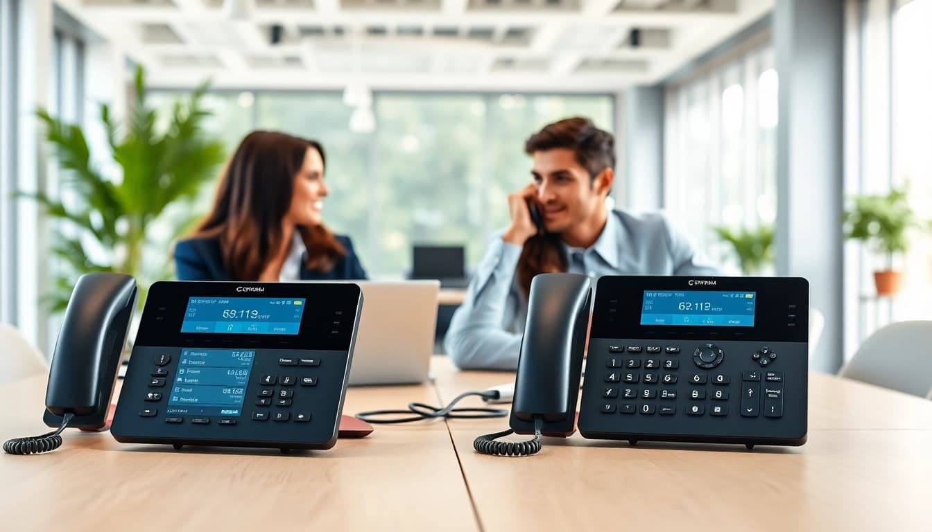 Explore business phone systems in a professional office setting with team collaboration.
