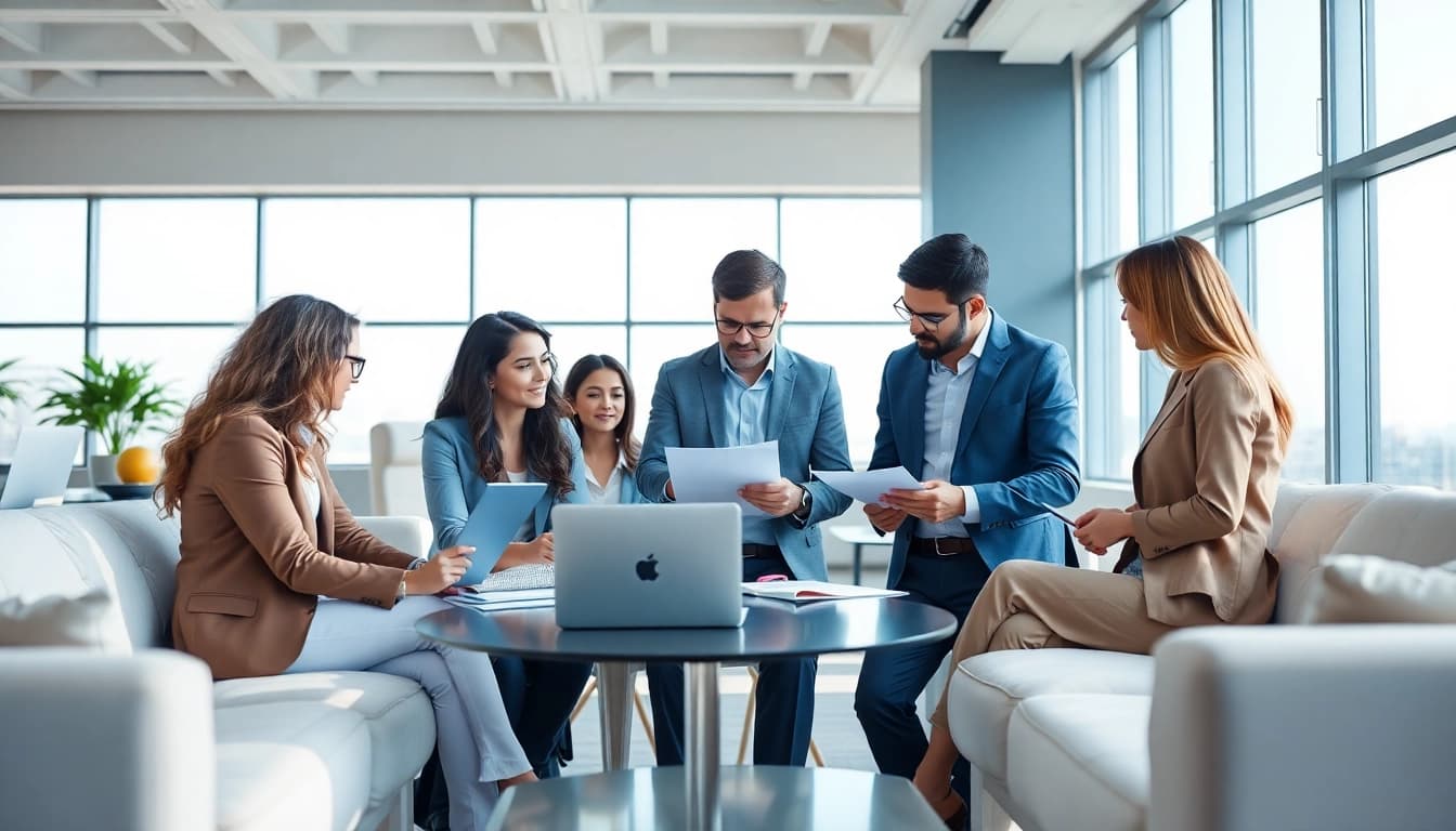 Team of Quickplus Business Consultants collaborating in a modern office environment.