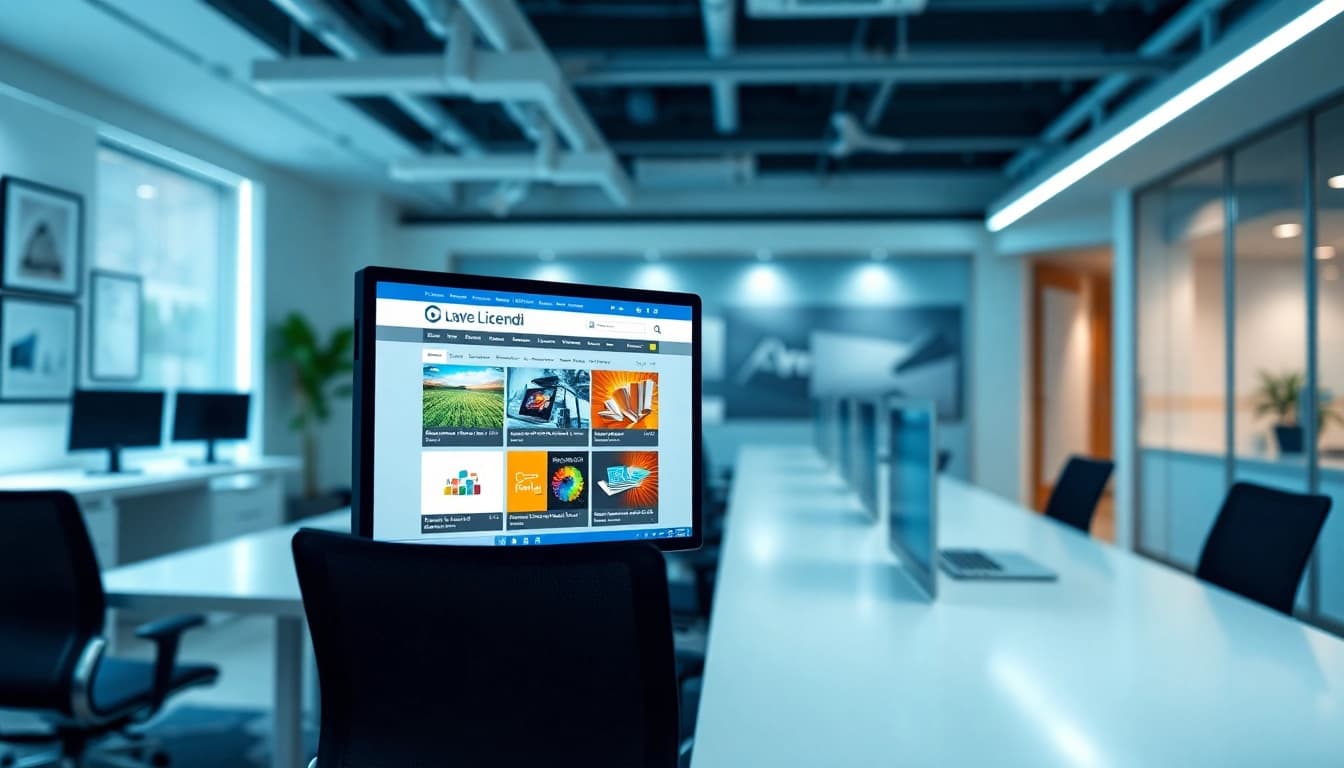 Showcasing Licendi software license keys on a computer screen in a modern office setting.