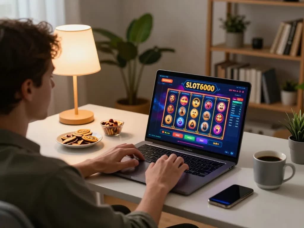 SLOT6000 online gaming experience with player enjoying colorful slot graphics on laptop