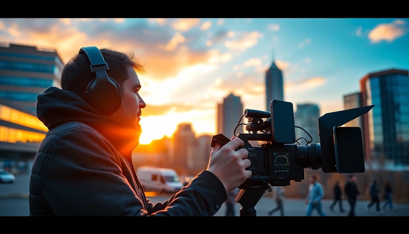 Videographer capturing a vibrant scene for a Video Production Company Calgary in an urban setting.