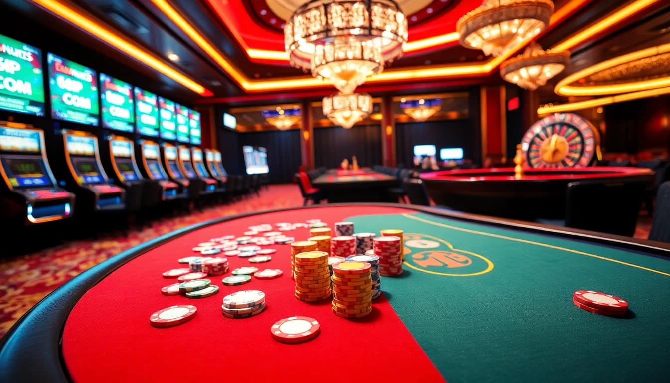 Casino gaming at 68VIP.COM featuring poker chips, cards, and vibrant slot machines.