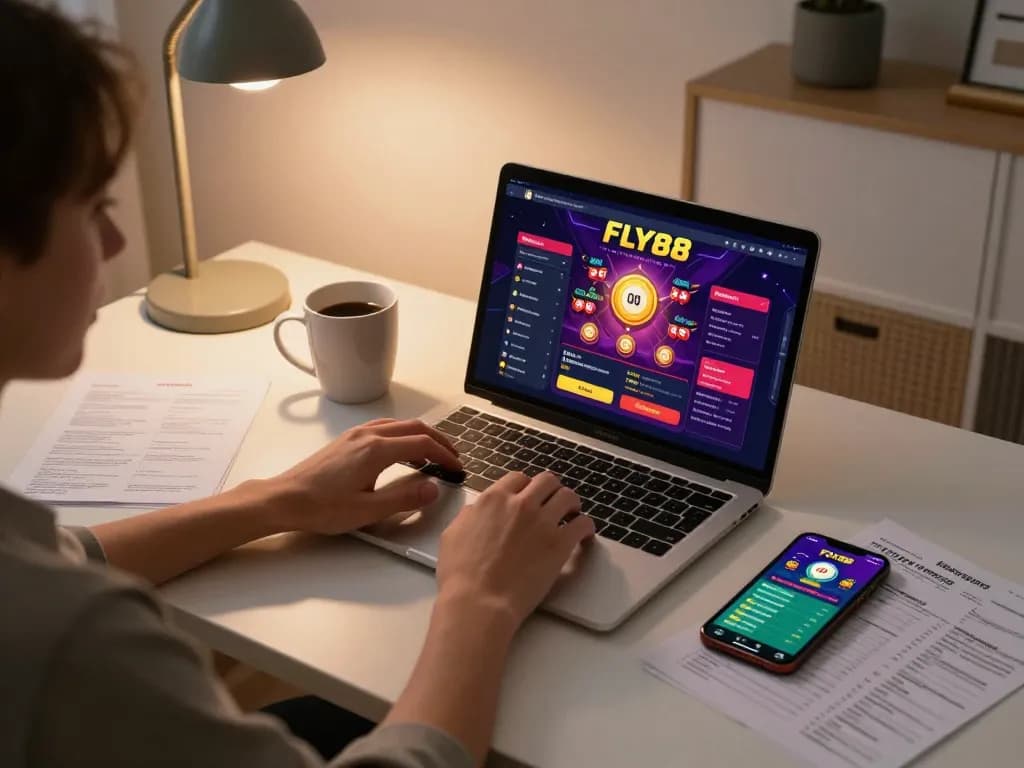 Playing FLY88 online casino on laptop with vibrant interface, relaxed home atmosphere.