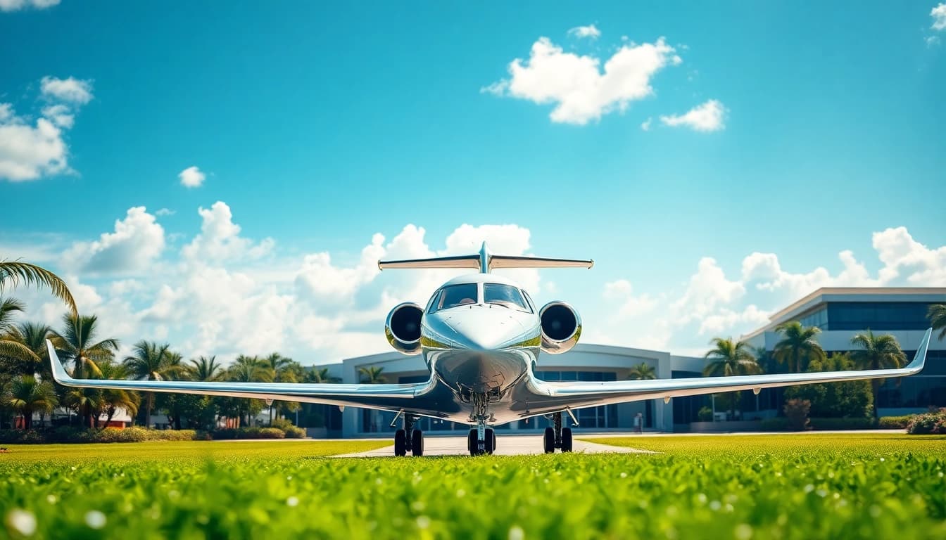 Luxury private jet landing at a modern airport showcasing the experience of traveling with https://flymarquis.com.