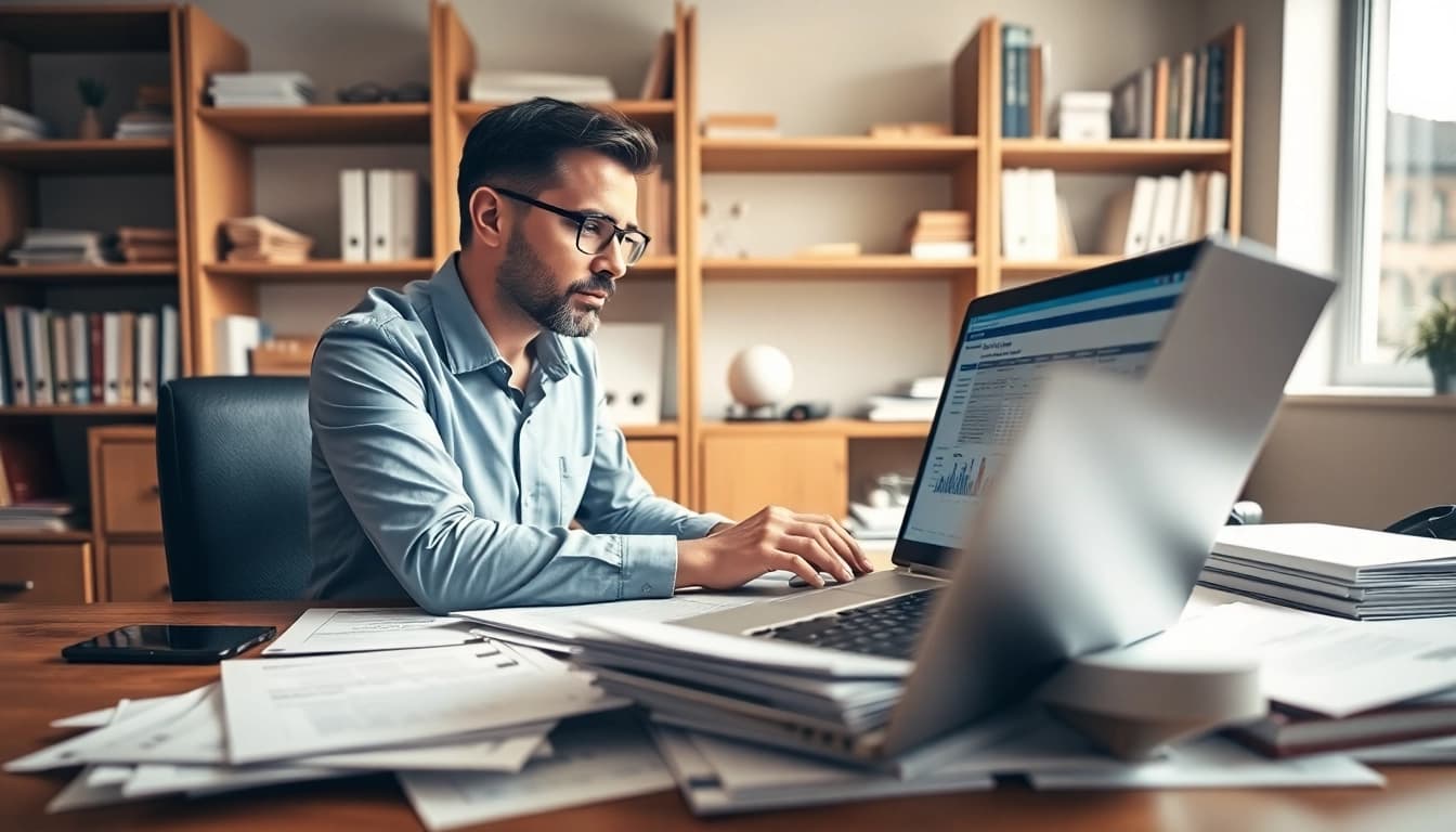 Accountant managing taxes with organized documents and tax software on a desk.