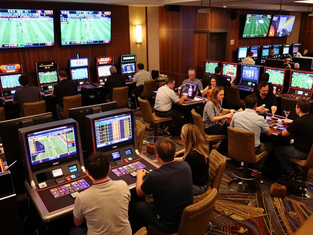 Sports bettors analyzing odds at 678vip's modern casino, showcasing excitement and strategy