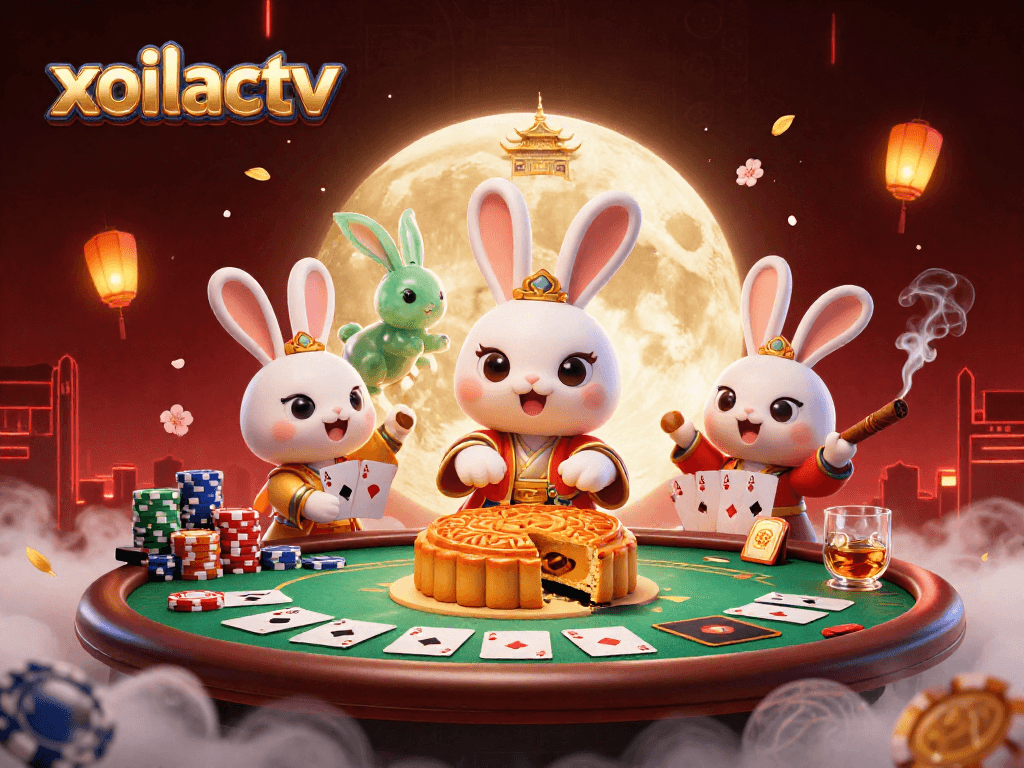 Engage with xoilactv's vibrant gaming scene featuring a moon rabbit and poker elements.