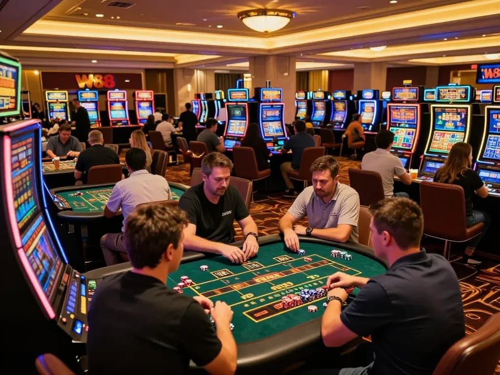 W88 casino scene showcasing vibrant players at a slot machine and betting tables, capturing excitement and energy.