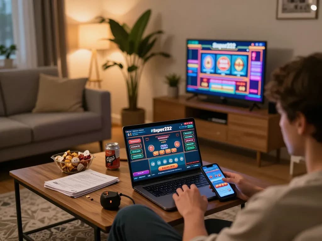 Player engaging with Super222 for online gaming in a cozy home environment, enjoying various casino games.