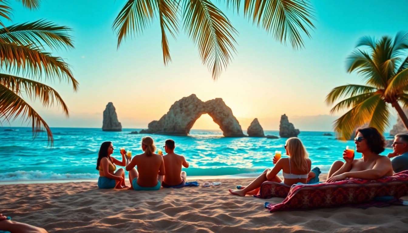 Experience Cabo Travel & Tourism with travelers enjoying a stunning beach sunset in Cabo San Lucas.
