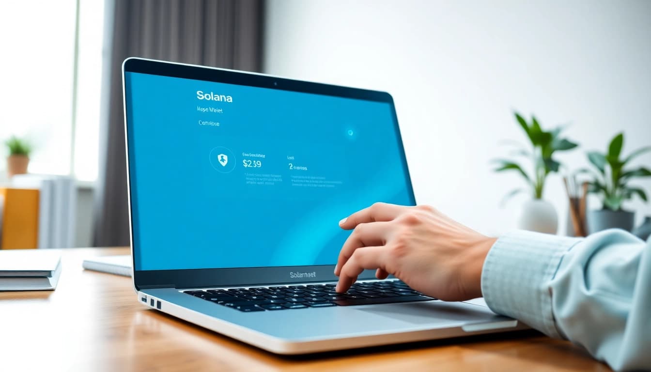 View of a professional using a Solana Wallet on a laptop in a modern workspace.