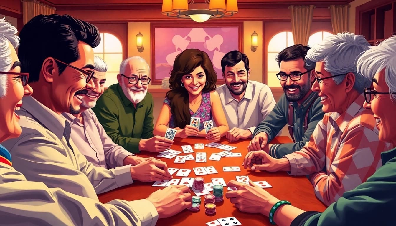 Rummy nabob players joyfully strategizing during an intense game night.