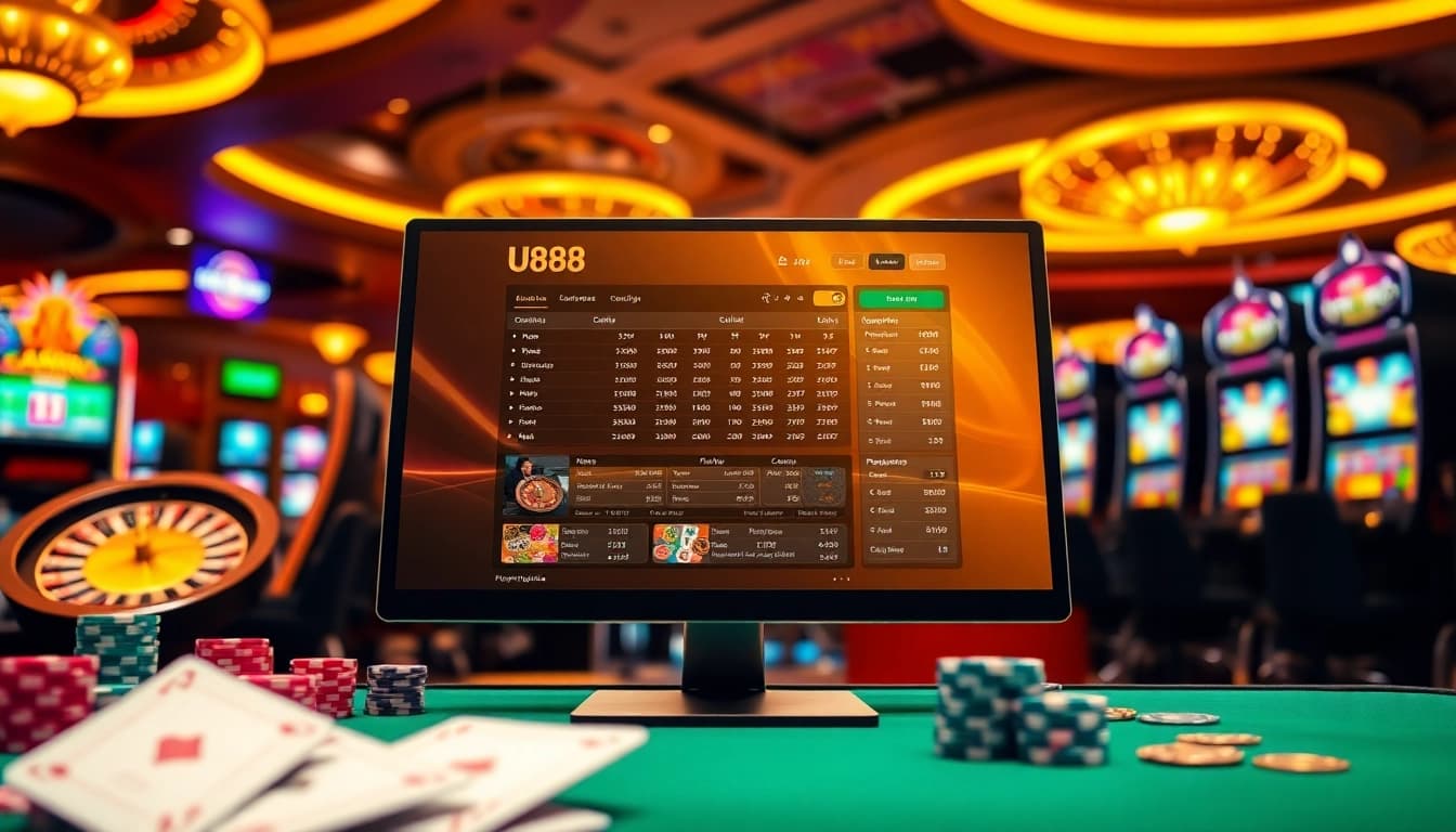 Experience the excitement of U888 online betting with vibrant casino elements in the background.
