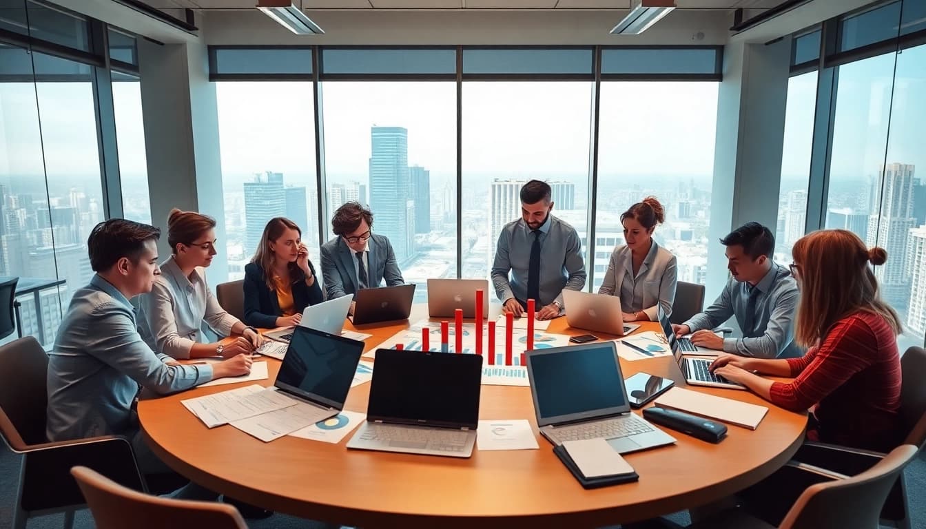 Teams sharing innovative business growth insights during a collaborative meeting in a vibrant office.