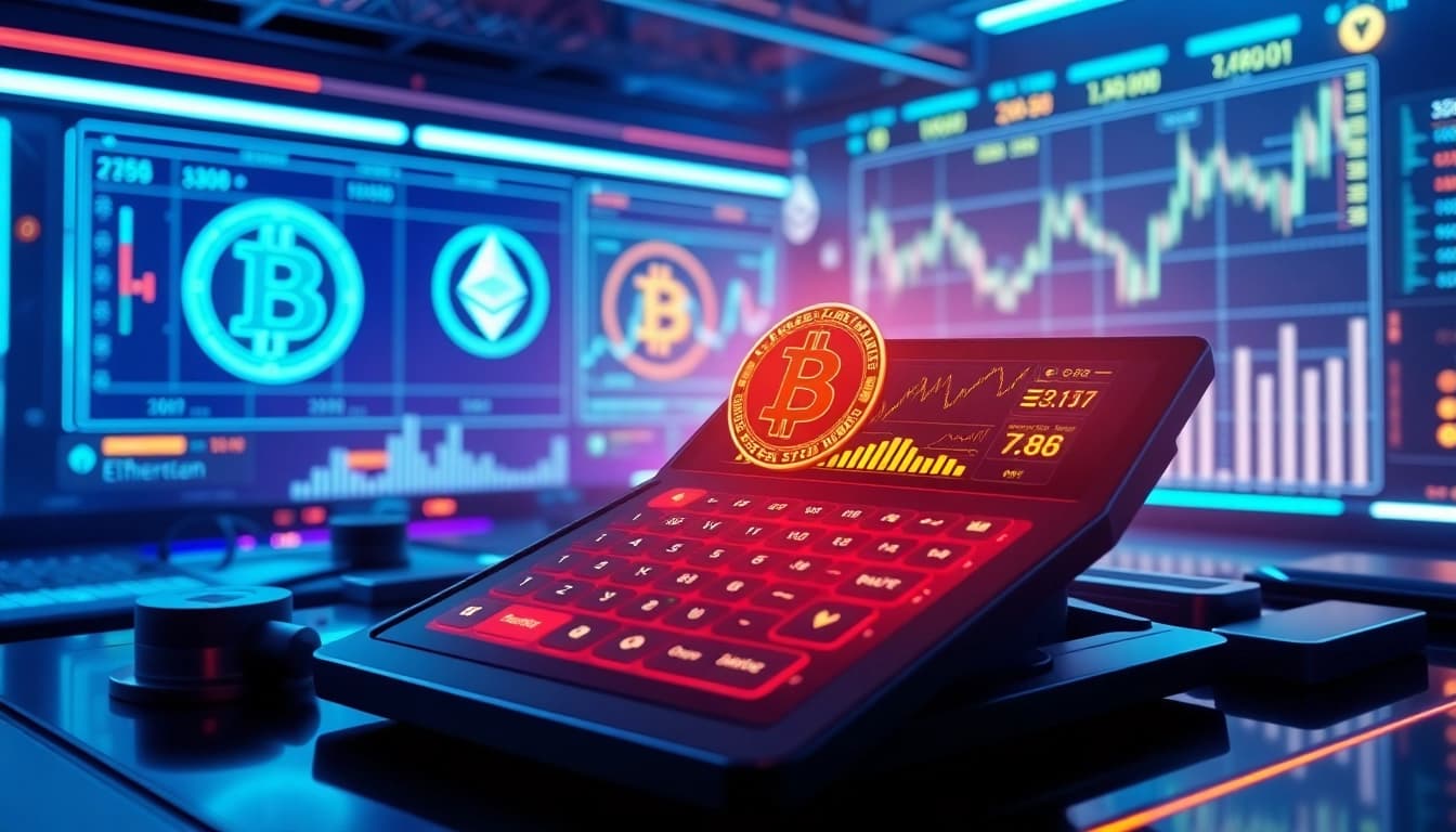 Calculator for cryptocurrency analytics featuring Bitcoin trading and blockchain visuals.