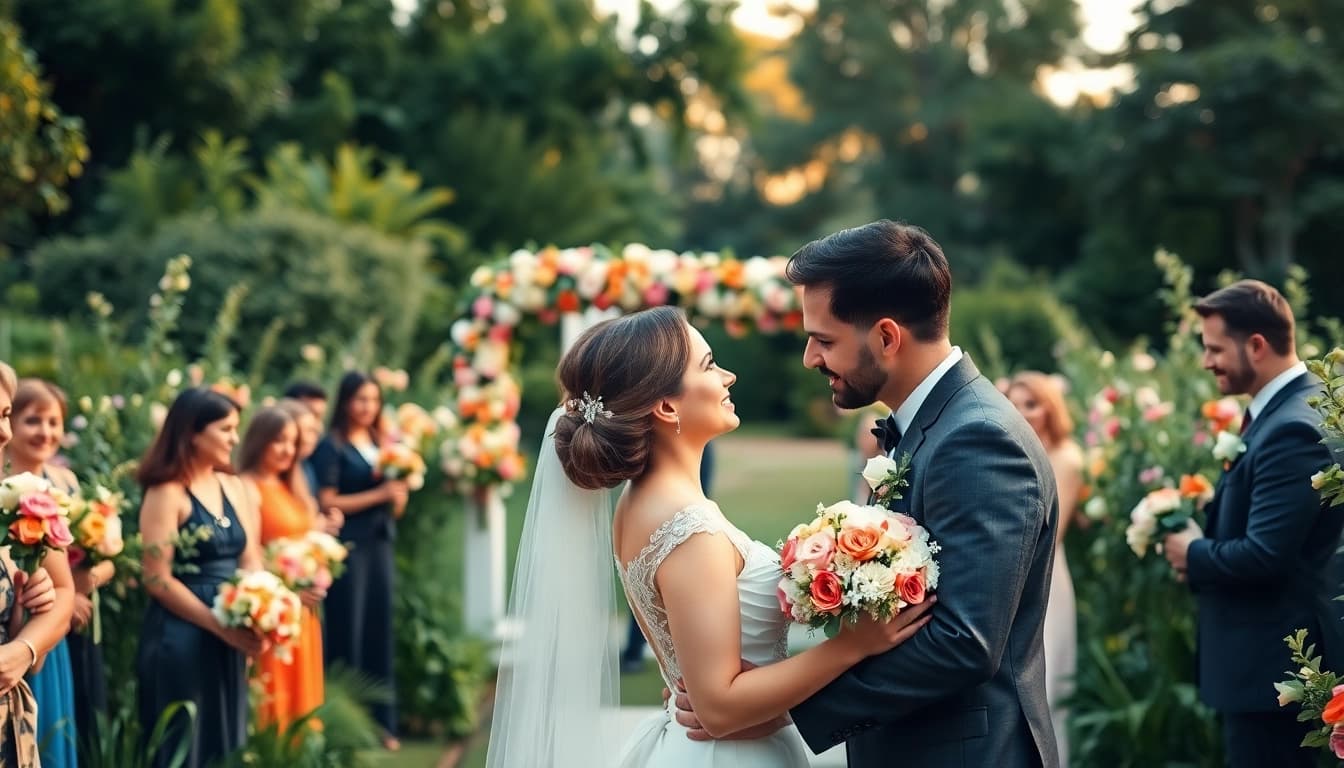 Wedding photographer capturing a heartfelt outdoor ceremony in a lush garden.
