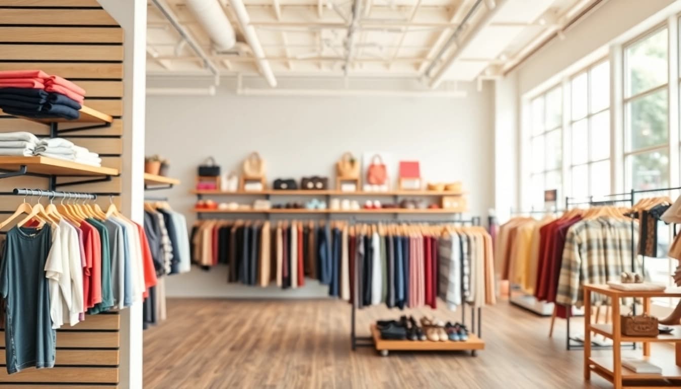 Showcase of a panel slat wall displaying stylish merchandise in a modern retail store.