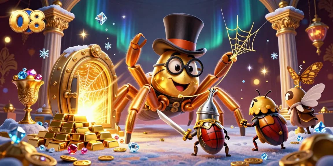 O8's 3D illustration showcases a daring beetle knight and a golden tarantula weaving a casino-themed web.