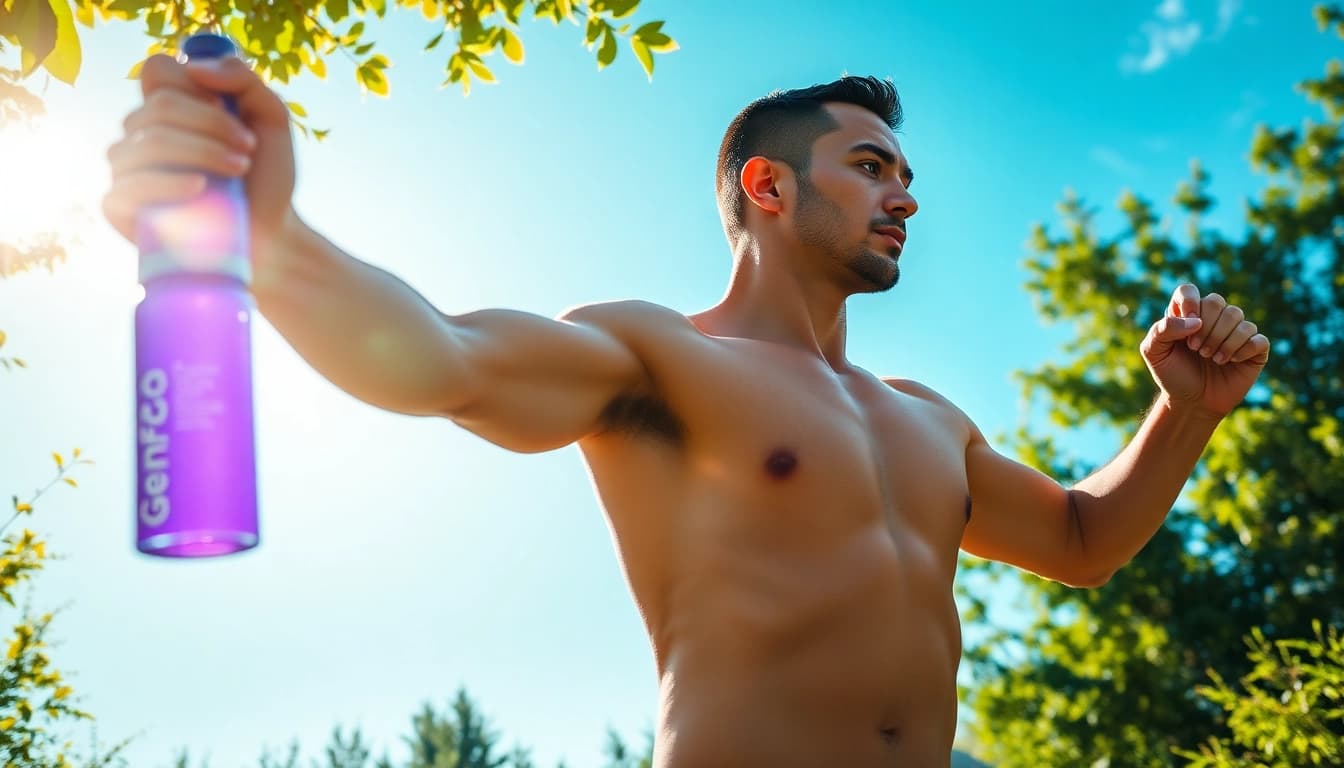 Fitness enthusiast showcasing vitality with Genf20 Plus in a vibrant nature setting