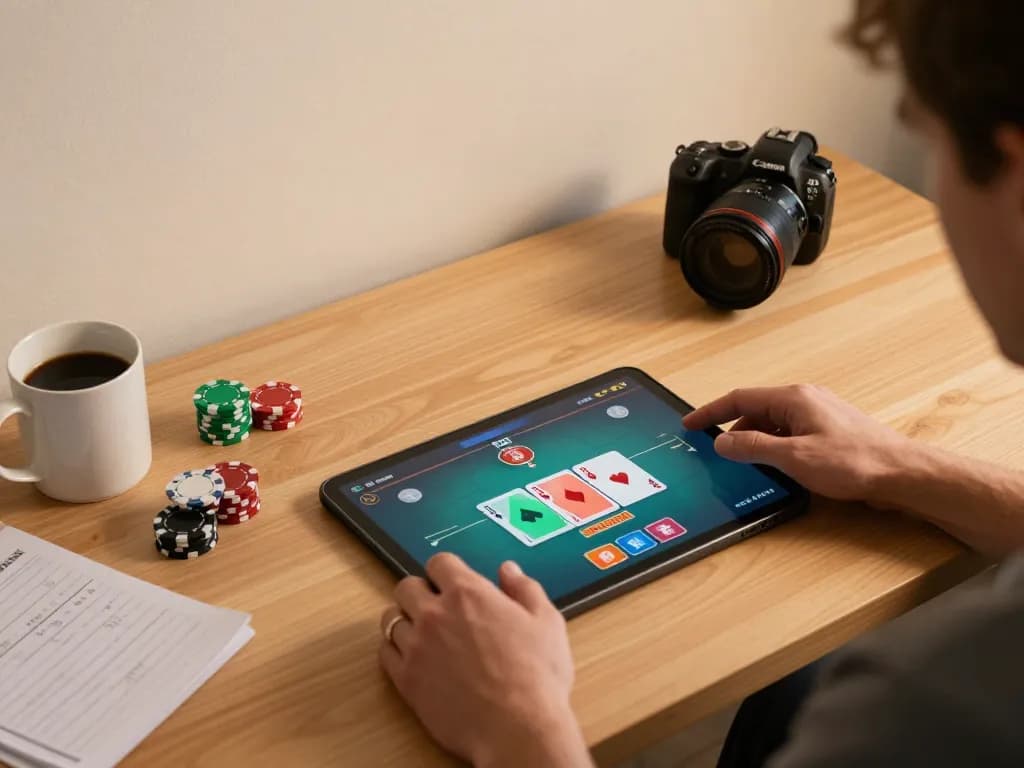 Player enjoying sun win poker game on tablet at cozy home desk, emphasizing strategic gameplay.