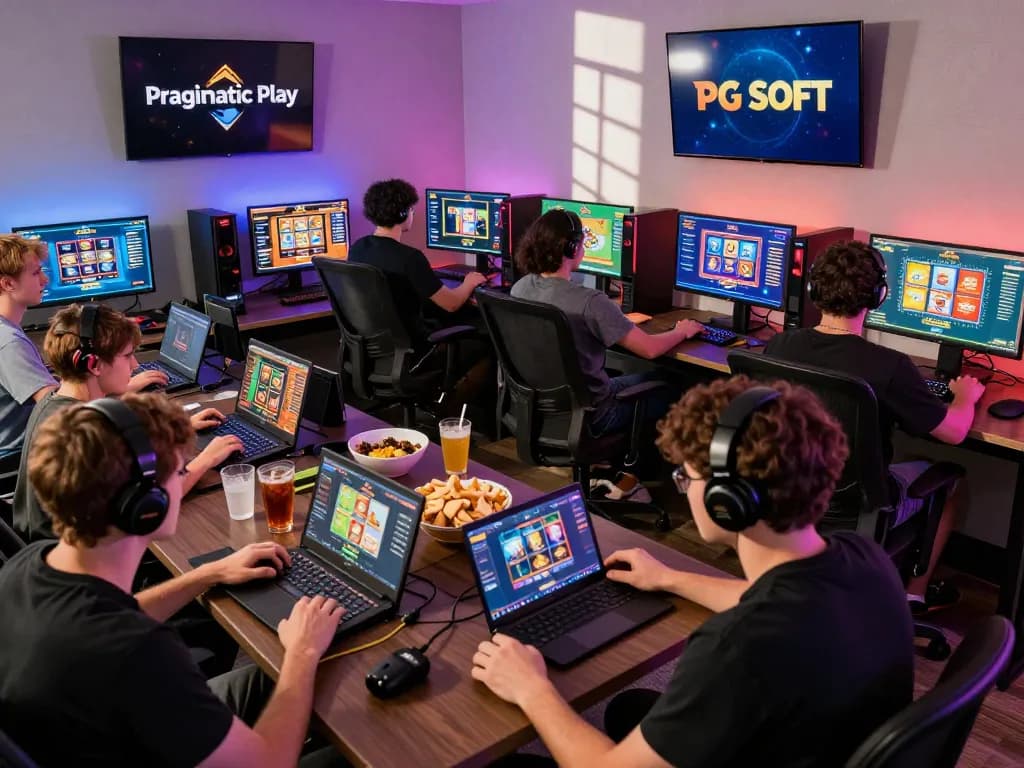 Engaged players enjoying popotogel slot games in a vibrant gaming setup with modern technology.