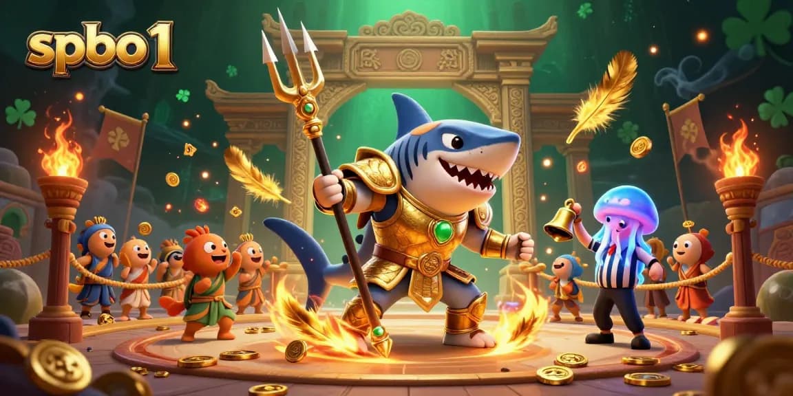 Experience spbo 1's thrilling underwater gladiator scene with a tiger shark, vibrant fish, and dynamic betting elements.