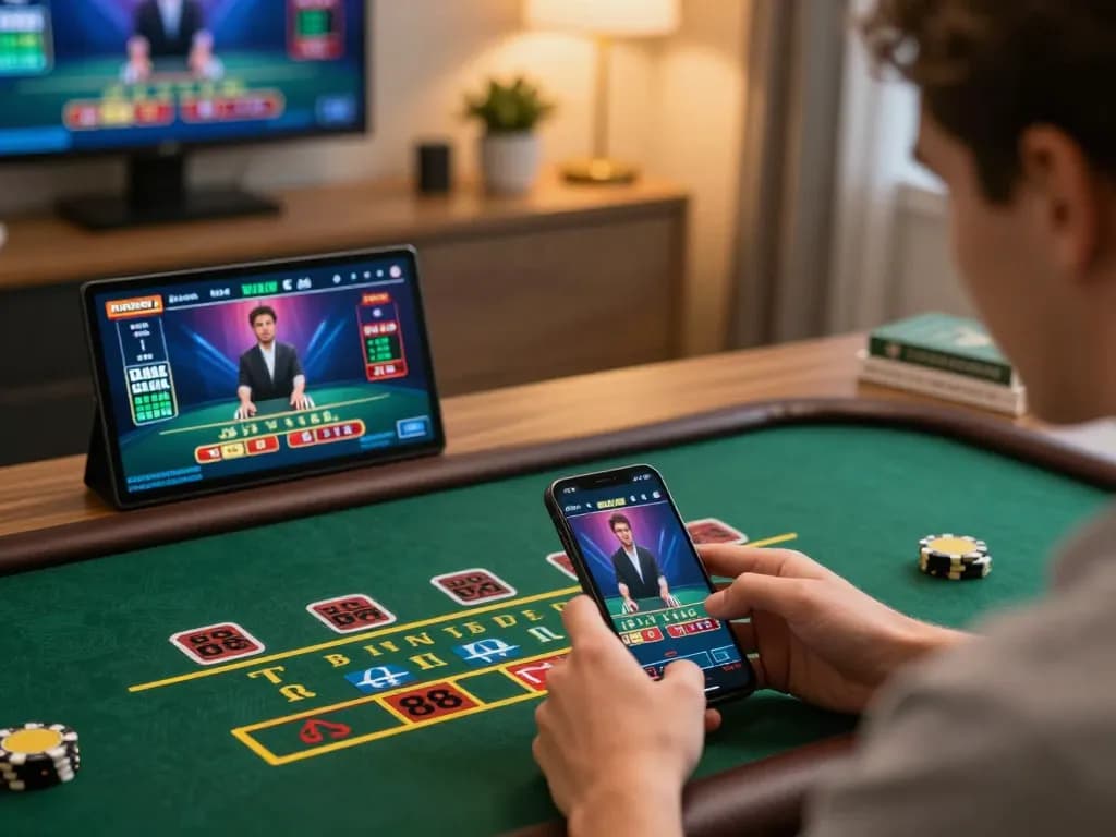 Engaging in strategic online blackjack with 88i on smartphone in modern home setting