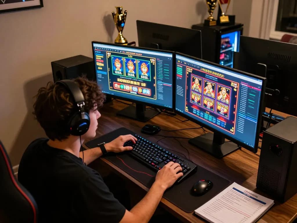 The best widget store showcases an intense online gaming setup with vibrant casino game displays, promoting responsible gambling.