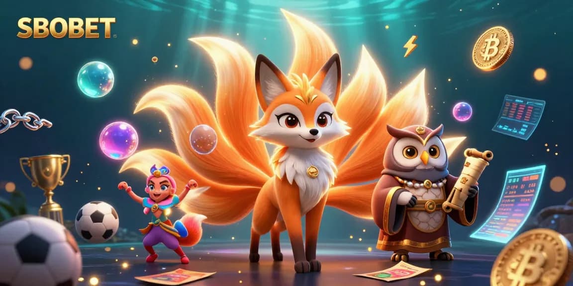 SBOBET offers dynamic sports betting visuals with a vibrant cartoon nine-tailed fox, wise owl, and glowing elements.