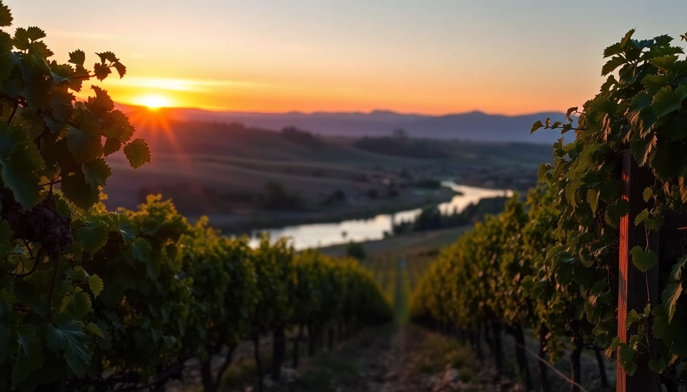 Scenic view of Clarksburg CA vineyards under a vibrant sunset, showcasing serene nature.