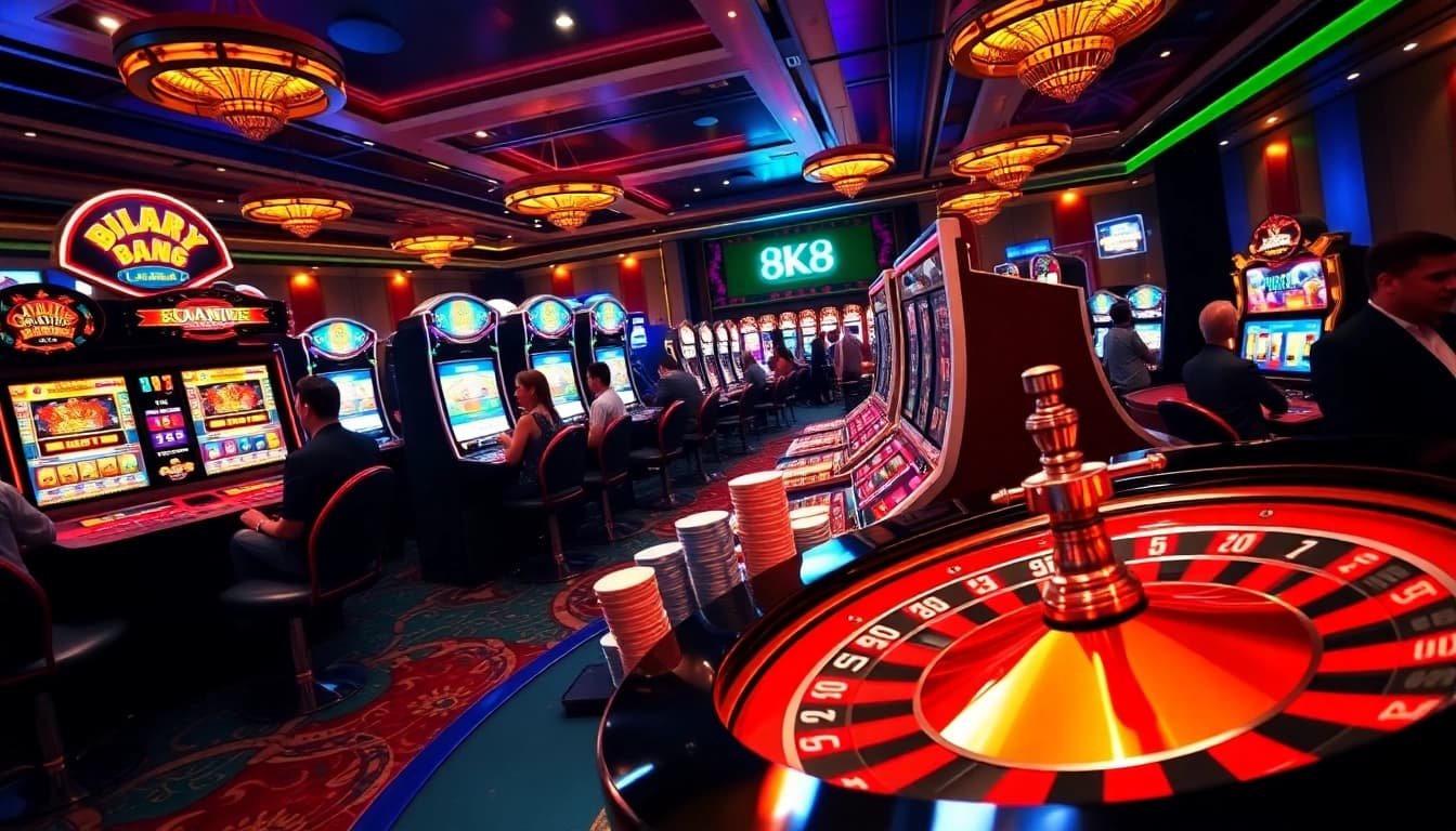 Experience thrilling gameplay at 8k8 with vibrant casino visuals featuring poker chips and a roulette wheel.