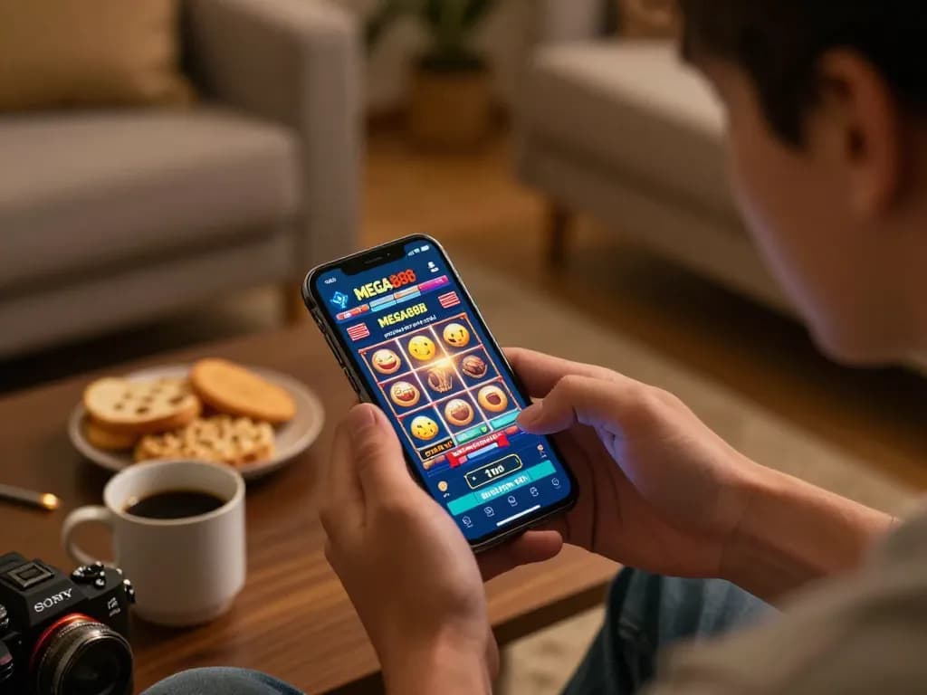Engaging with MEGA888 slot games on a smartphone in a cozy home setting.